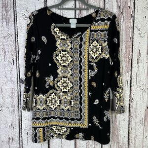 NWT Chico’s 1 Medium Touch of Cool Bandana Hi Wide V-Neck Top 3/4 Sleeves Blouse